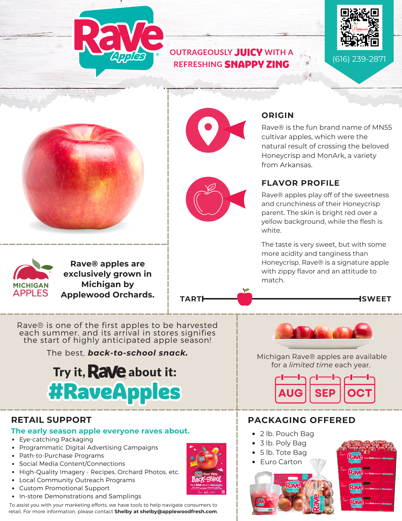 Rave 2024 season sell sheet with Applewood Fresh Growers, Michigan apple grower, packer, shipper, + marketer.