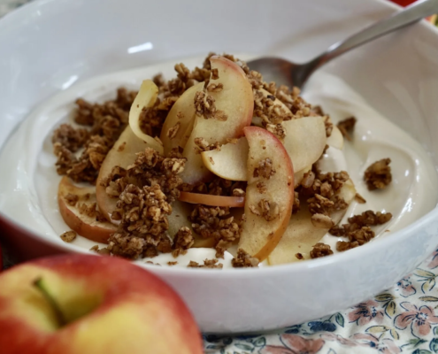 Ambrosia Apple Breakfast Crumble topped on yogurt