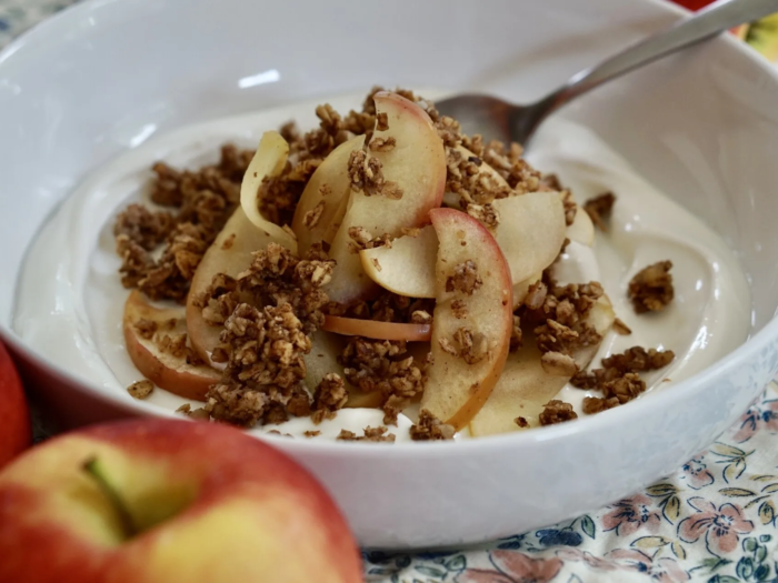 Ambrosia Apple Breakfast Crumble topped on yogurt