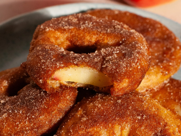 Fried Ambrosia apple rings covered in sugar cinnamon crust