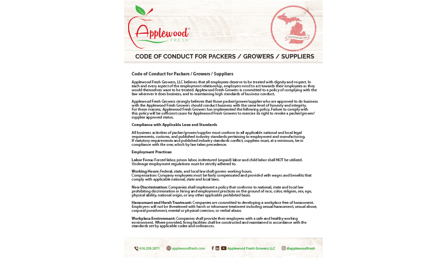 Code of Conduct for Packers / Growers / Suppliers